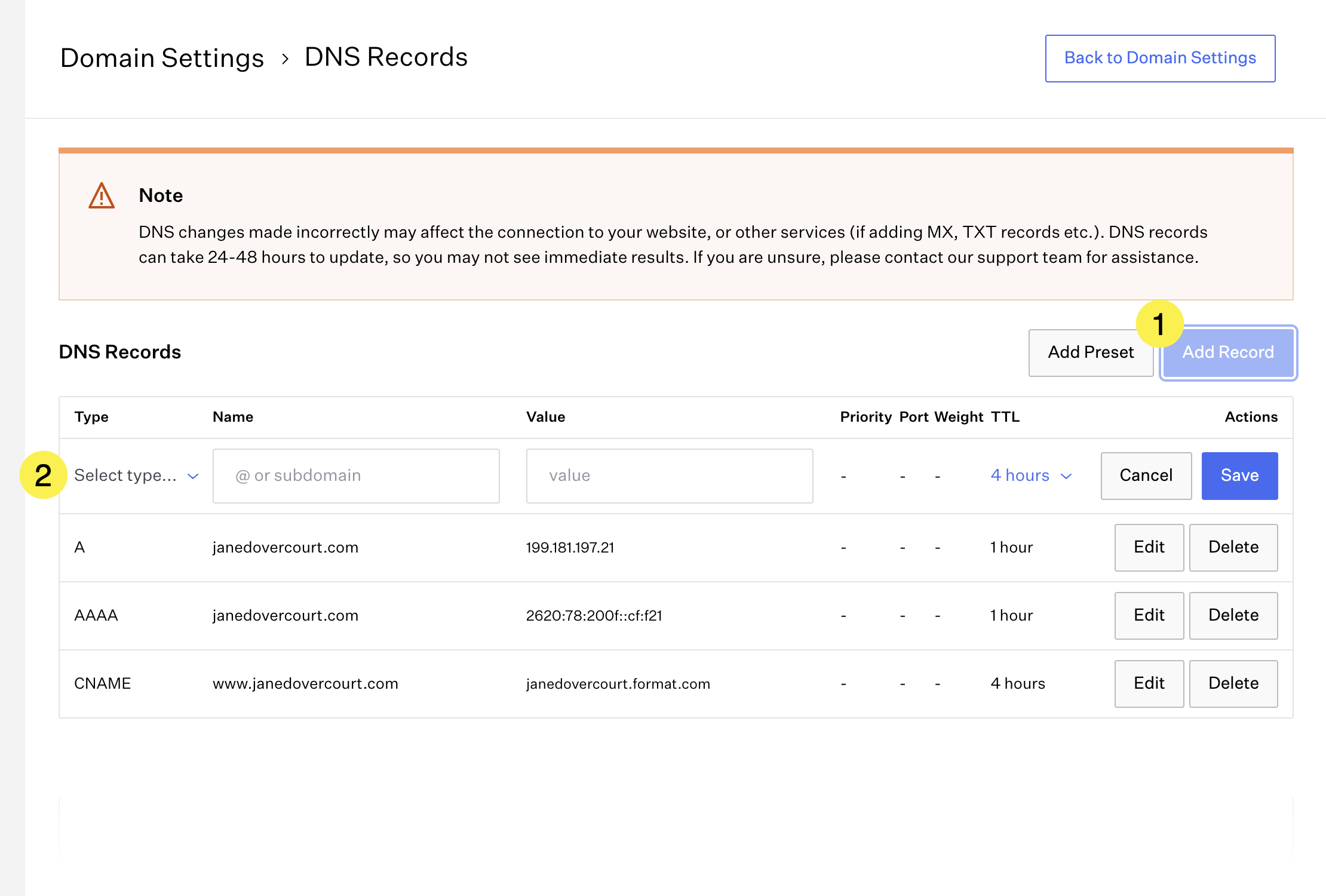 Adding a new record to the DNS Records before selecting any options