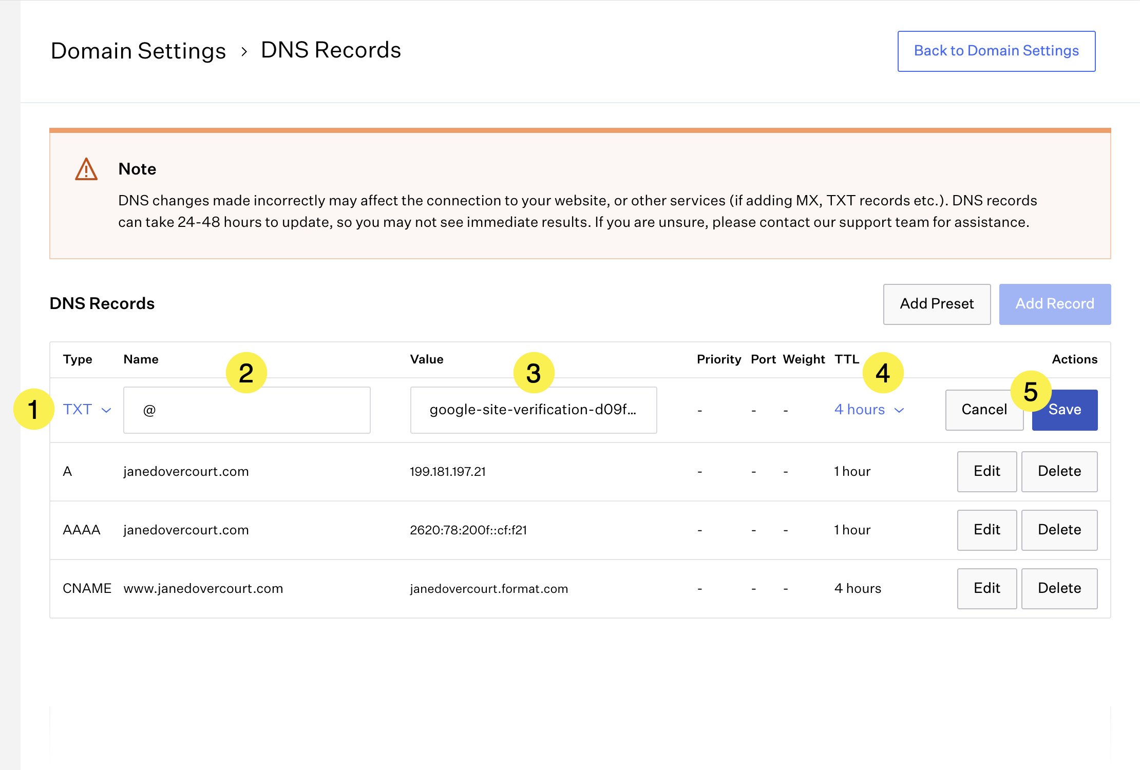 Example showing adding a new TXT record for Google Site Verification