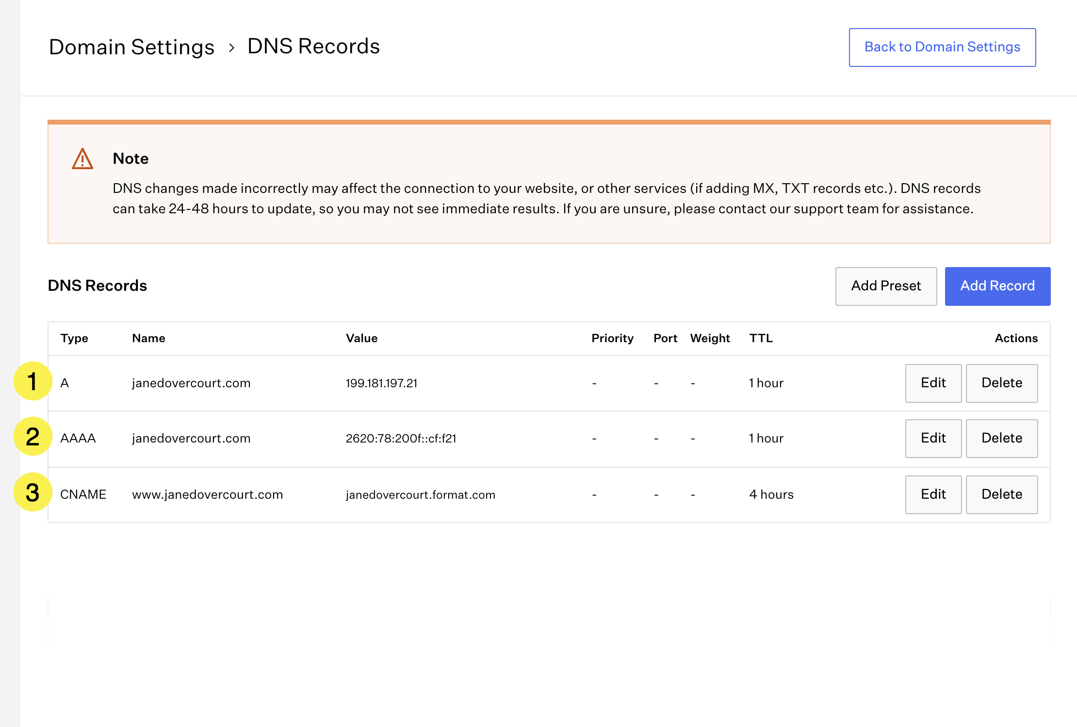 Domain Settings > DNS Records area showing three default records