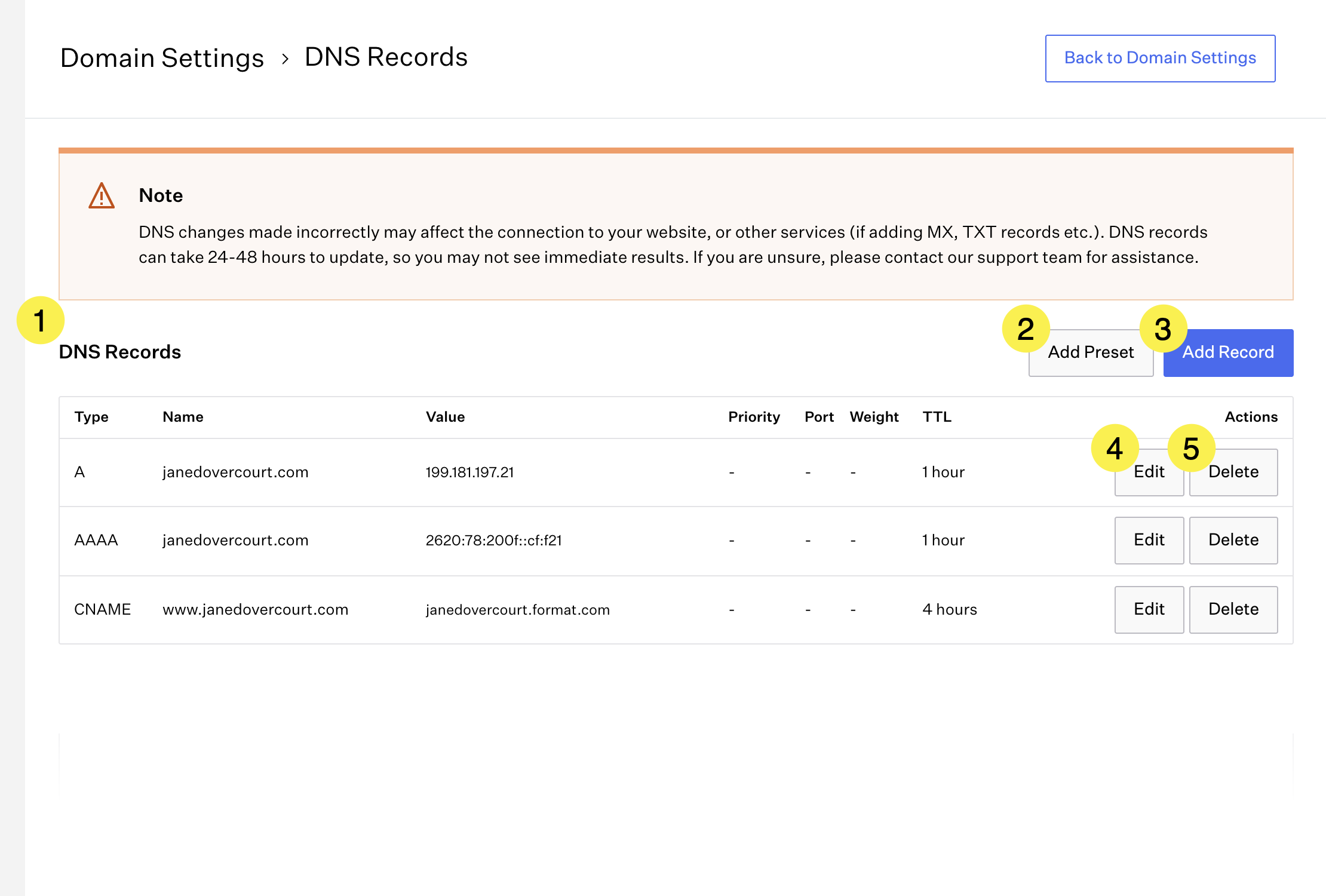 Area for editing DNS Records showing options available with the three default settings
